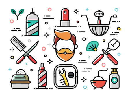 Collection of barber accessories in vector line drawing artのイラスト素材