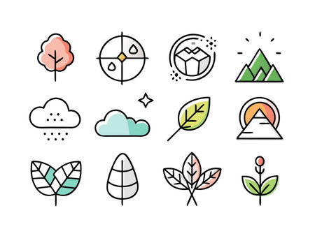Festive winter holiday icons in bright color line art styleのイラスト素材