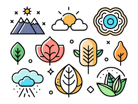 Colorful vector icons set displays diverse natural elementsのイラスト素材