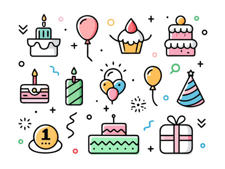 Celebration icons with party elements in flat vector styleのイラスト素材