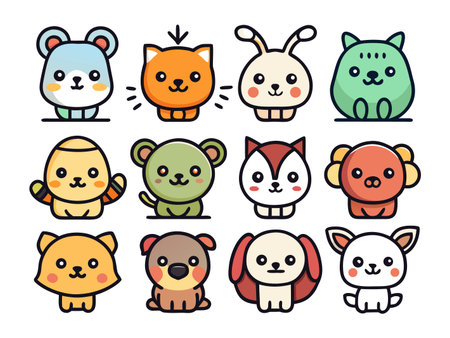 Twelve stylized animal characters in a cartoon illustrationのイラスト素材