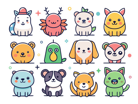 A collection of cute cartoon animals in a modern flat styleのイラスト素材