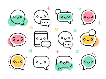 Cute smiling chat bubble icons with pastel accents.のイラスト素材