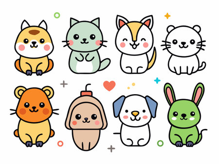 Cute Kawaii animal illustrations, including cat, dog, rabbitのイラスト素材
