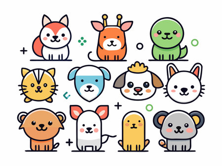 Ten cartoon animals with smiling faces line up nicely.のイラスト素材