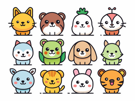 Twelve cute cartoon animal heads display vector format.のイラスト素材