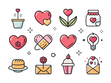 Whimsical Valentine's Day icons collection on a white layoutのイラスト素材