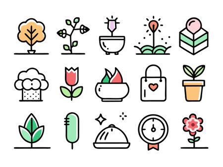 Collection of various plant and object icons in flat designのイラスト素材
