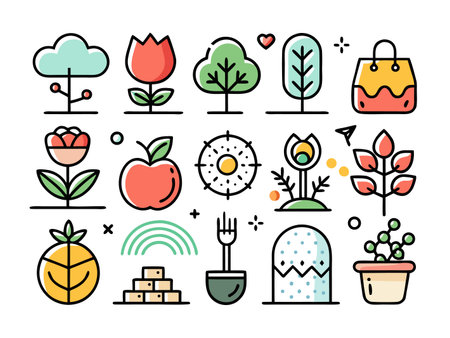 Colorful nature and object icons with simple bold outlines.のイラスト素材