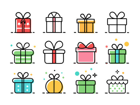Twelve stylized gift boxes in various colors and designsのイラスト素材