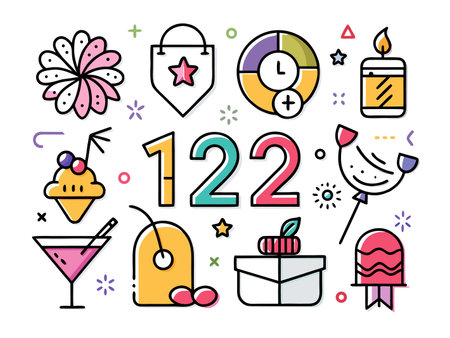 Various birthday icons scattered around a white canvas spaceのイラスト素材