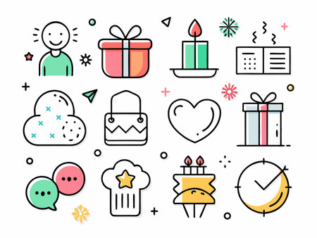 Stylized doodle art showcasing various celebratory icons.のイラスト素材