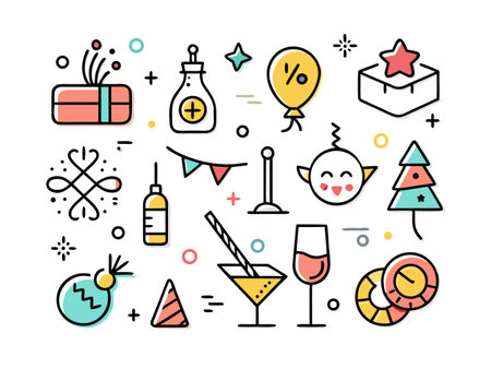 Festive icon set with balloons, cake, gifts and hats designのイラスト素材