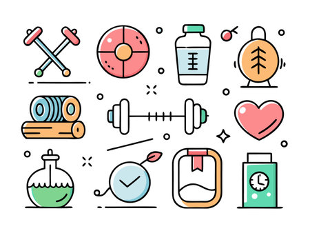 Colorful line art fitness and wellness icon collection setのイラスト素材
