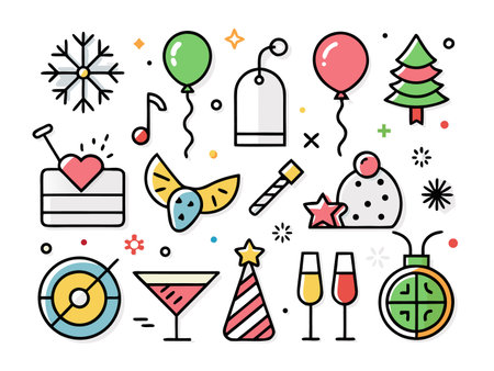 Festive celebration with party elements and holiday iconsのイラスト素材