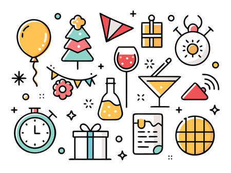Celebratory icons arranged artfully, ready to party now.のイラスト素材