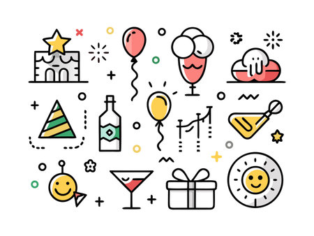 Festive doodles on white showcase celebration and cheer.のイラスト素材