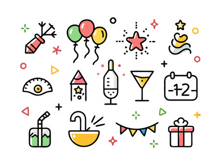 Celebration icons create festive feeling on white backdrop.のイラスト素材