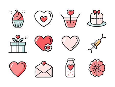 Various heart-themed icons create a whimsical love displayのイラスト素材