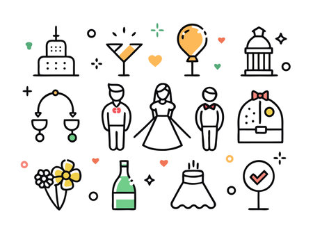 Charming vector illustration of stylized wedding icons setのイラスト素材