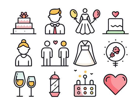 Wedding-themed icons represent celebration, love and unionのイラスト素材