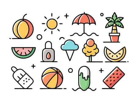 A colorful summer icons create a fun, playful arrangementのイラスト素材