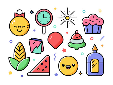 Festive collection of quirky icons with playful characterのイラスト素材