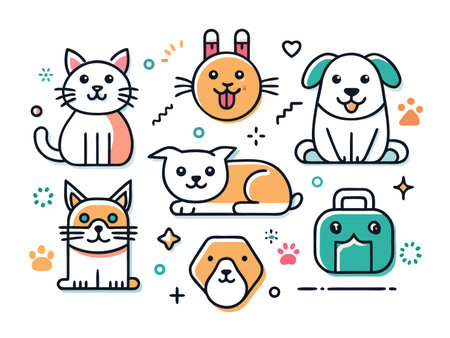 Cute, flat vector icons of cartoon pets and paw prints artのイラスト素材
