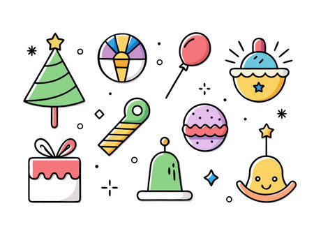 Celebration themed icons including cake and party favorsのイラスト素材