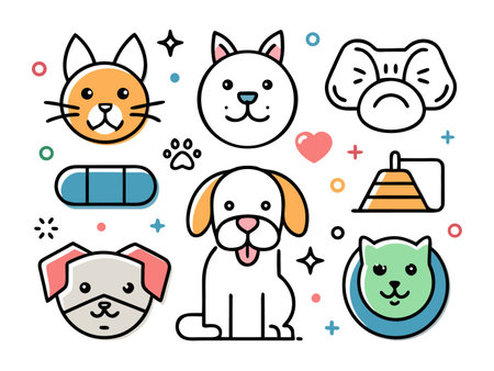 Collection of cute colorful cartoon animal faces on whiteのイラスト素材