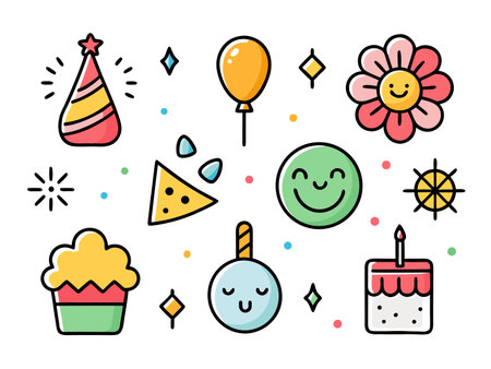 Colorful and cheerful doodle-style icon set illustrationのイラスト素材