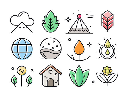 Icons of nature and weather form flat design arrangement.のイラスト素材