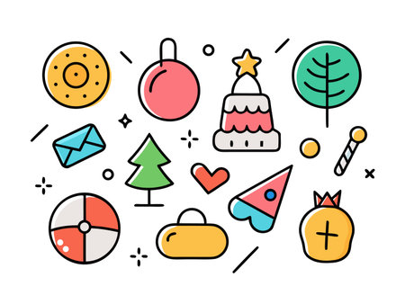 Collection of whimsical clip art icons on a white backgroundのイラスト素材