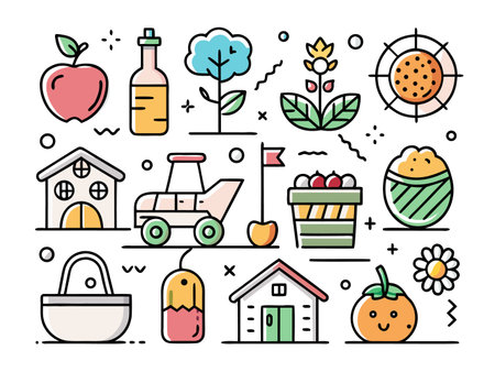 Illustrative icons showing farm elements in vibrant colors.のイラスト素材