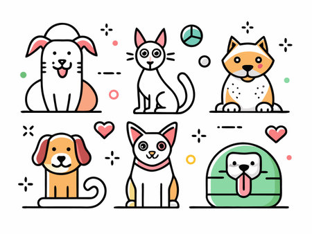 Collection of cute line art pets with hearts and a doghouseのイラスト素材