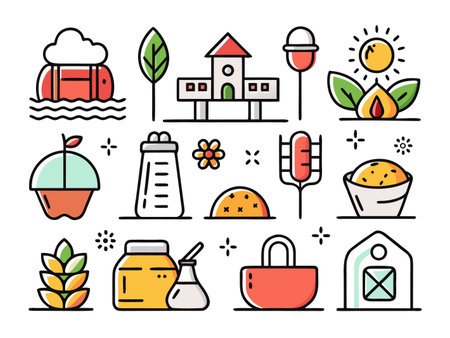 Illustration showcases flat icons on nature and constructionのイラスト素材