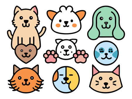 Various cute and friendly pet faces in simple line art styleのイラスト素材