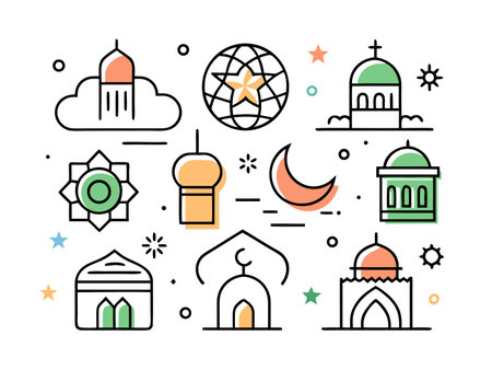 Collection of Islamic architectural icons in line art styleのイラスト素材