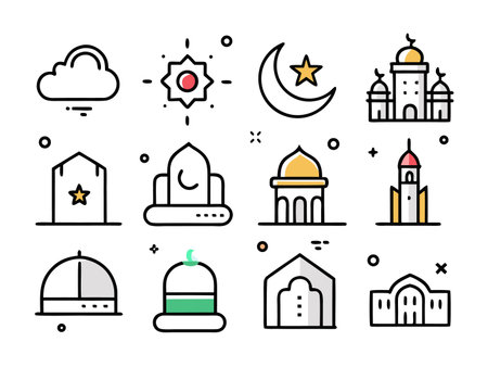 A set of Islamic icons displayed in a modern line art styleのイラスト素材