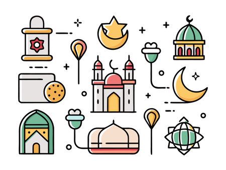 Simple design featuring various Islamic symbols and iconsのイラスト素材