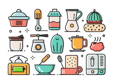 Cartoon kitchenware icons set against a white backgroundのイラスト素材