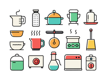 Various kitchen and cooking utensils in flat line art styleのイラスト素材