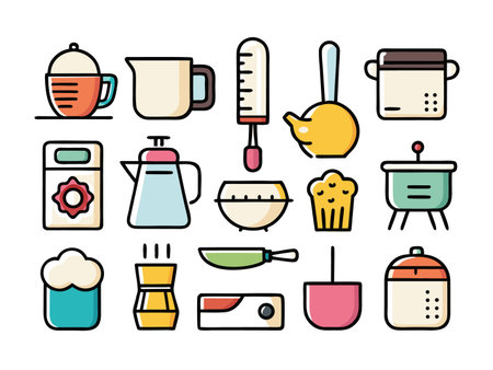A vibrant collection of kitchen icons, colorful and modernのイラスト素材