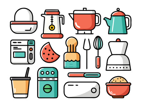 Assorted kitchen tools are neatly arranged in vibrant colorsのイラスト素材