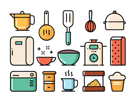 Various cartoon style kitchen tools and appliances display.のイラスト素材