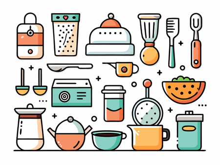 Collection of kitchen tools and cookware line art styleのイラスト素材
