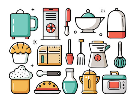 Collection of stylized kitchen utensils and equipment iconsのイラスト素材