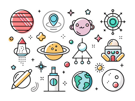A whimsical collection of space and science related icons.のイラスト素材