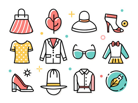 Flat vector icons presenting fashion apparel and accessoriesのイラスト素材