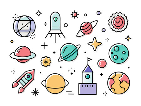 Colorful cartoon vector illustration of planets and rockets.のイラスト素材